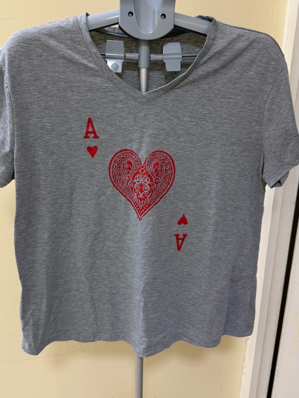 Gray V-Neck Tee with Red Heart Ace Graphic